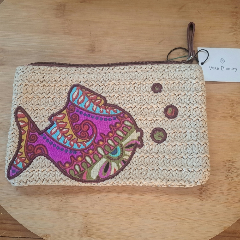 Vera Bradley Seashore Resort Fish Zip Pouch Raffia Straw Cosmetic Makeup Clutch